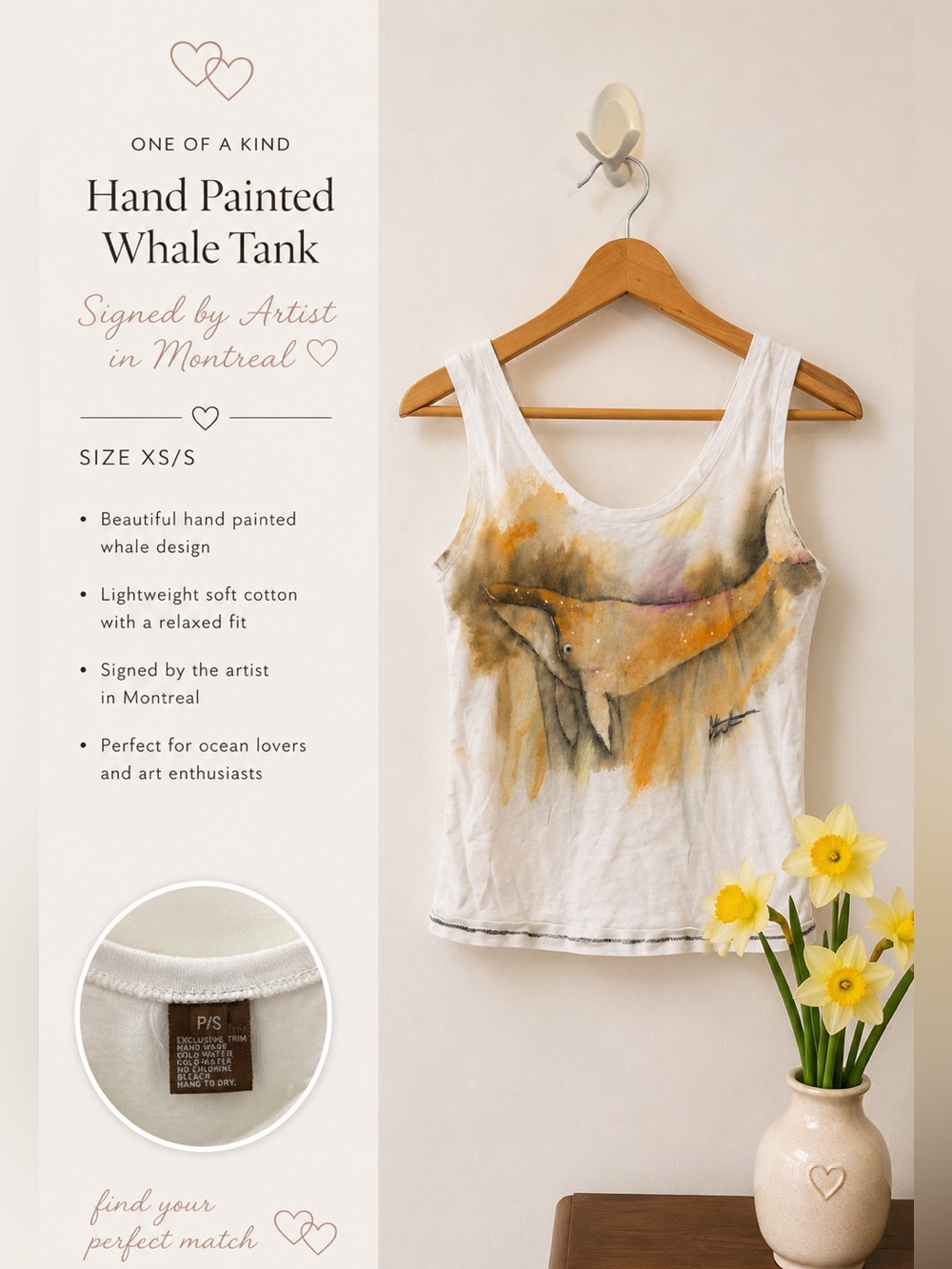 Hand-Painted Whale Tank Top - White with Orange & Gray Artwork